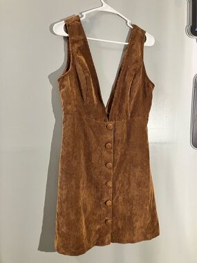 Brown Corduroy Button-Front Sleeveless Dress